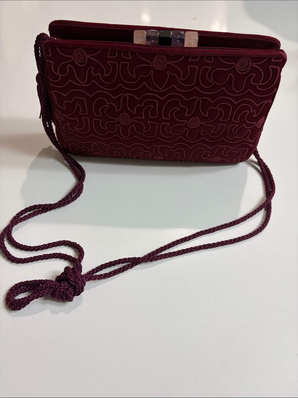 Judith Leiber Burgundy Evening Wristlet with Gold Frame and Gem Accent